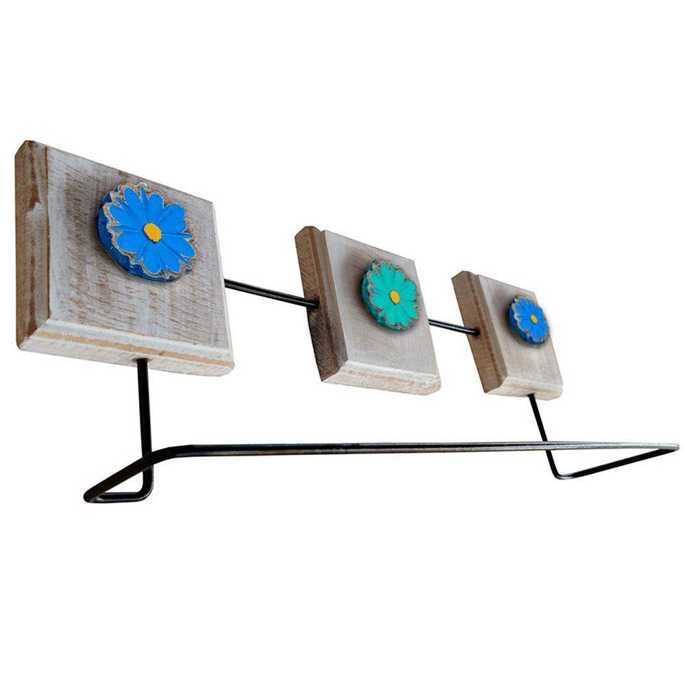 Toalheiro Ferro E Madeira Artesanal Flores Azul E Verde Cor Azul - 6