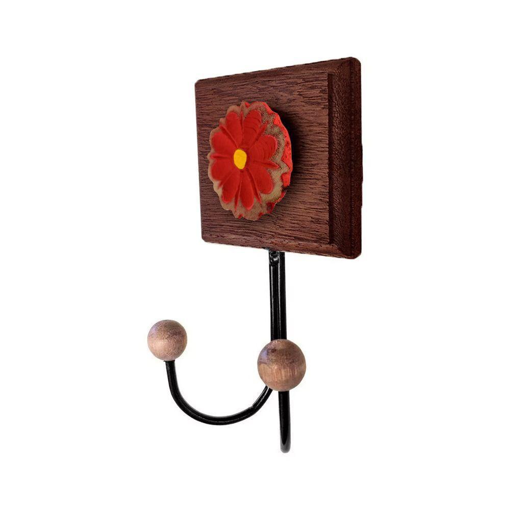 Toalheiro Cabideiro Duplo Flor 3d Rústico Artesanal Ferro Cor Vermelho - 4
