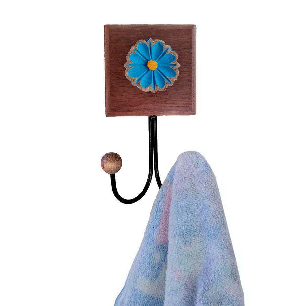 Toalheiro Cabideiro Duplo Flor 3d Rústico Artesanal Ferro Cor Azul - 4