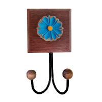 Toalheiro Cabideiro Duplo Flor 3d Rústico Artesanal Ferro Cor Azul - 1