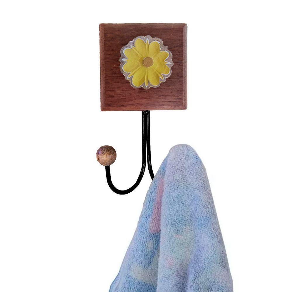 Toalheiro Cabideiro Duplo Flor 3d Rústico Artesanal Ferro Cor Amarelo - 3