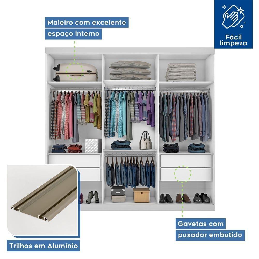 Guarda Roupa Casal 3 Portas De Correr 4 Gavetas E 3 Espelhos Barcelona Minastex Branco - 4