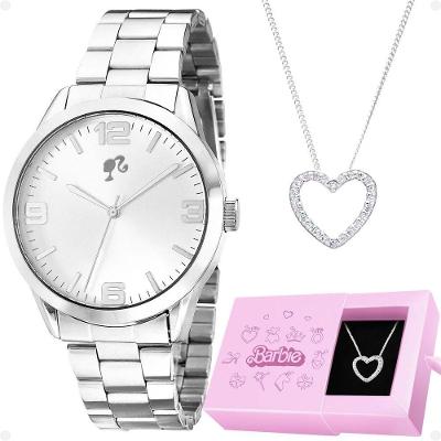 Colar Barbie Coração + Relogio Feminino Aço Prata Original
