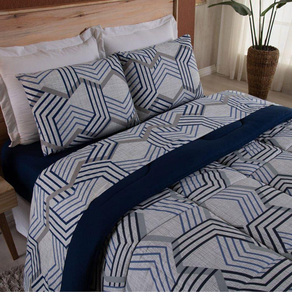 Coberdrom Solteiro Em Malha De Algodão Fio Penteado - Marinho - 3