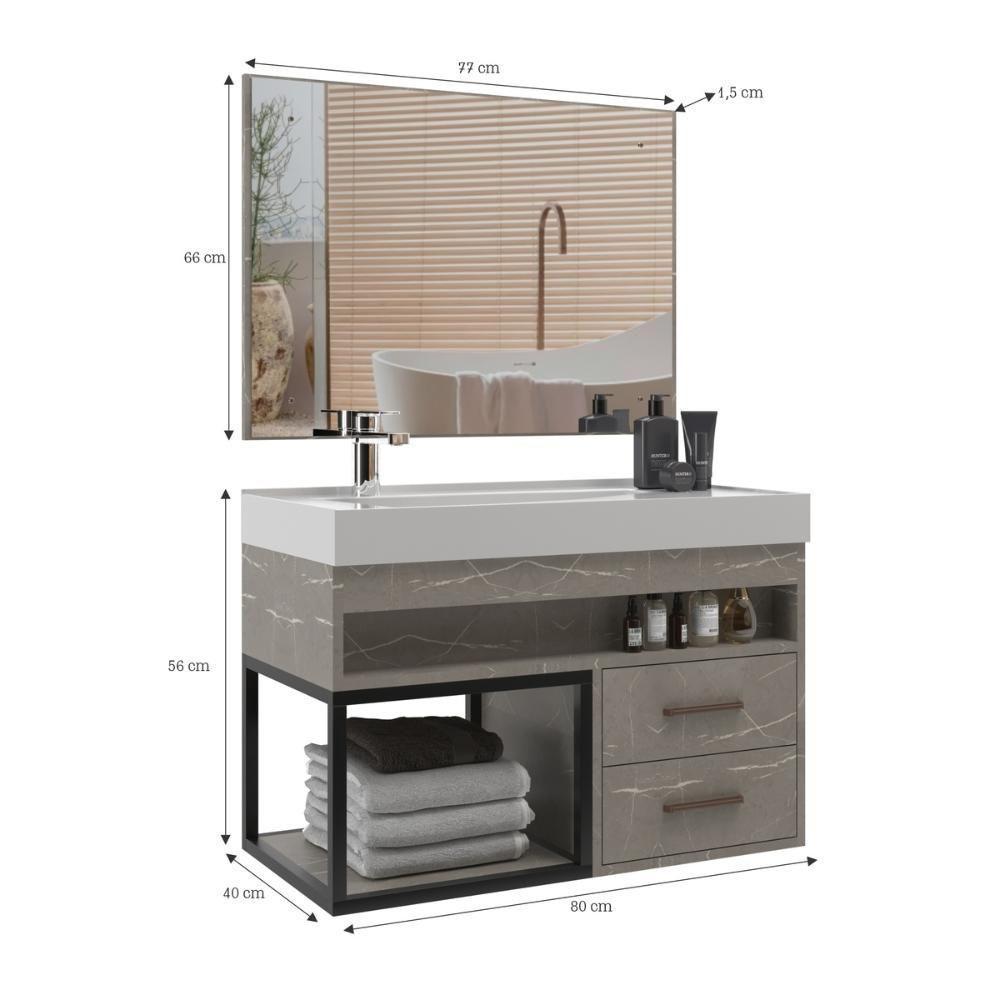 Gabinete Banheiro Com Cuba E Espelheira 80cm Multimóveis Vcr10071 - Marmo Crema Marmo Crema - 3