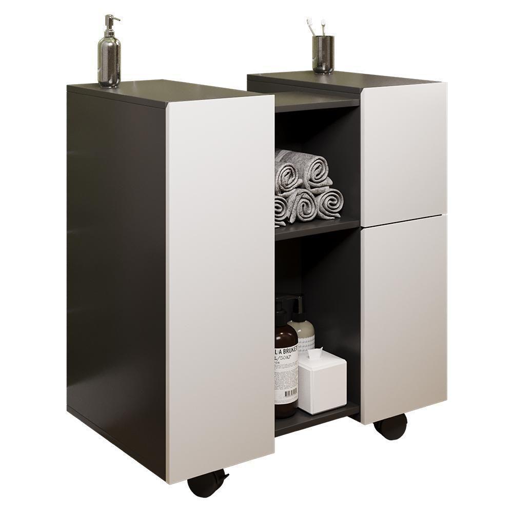 Gabinete Armario Banheiro Pia De Coluna Macau Com Rodízios Preto branco - 1