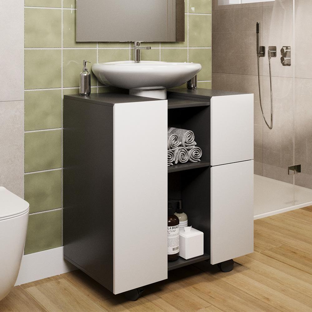 Gabinete Armario Banheiro Pia De Coluna Macau Com Rodízios Preto branco - 3