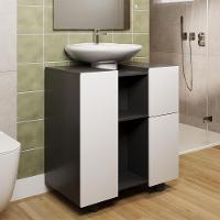 Gabinete Armario Banheiro Pia De Coluna Macau Com Rodízios Preto branco