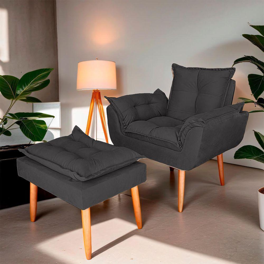 Poltrona Opala Para Sala Com Puff Reforçada Suede Cor Cinza - 6