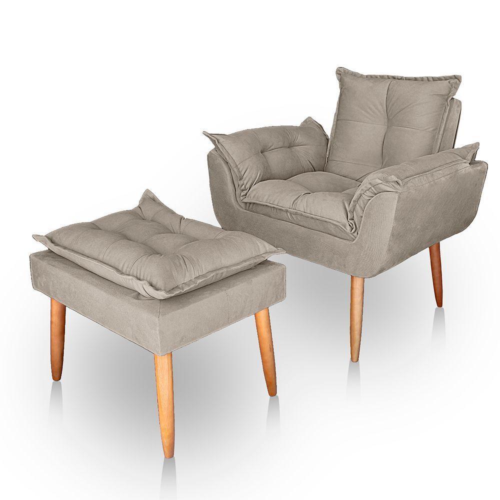 Poltrona Opala Para Sala Com Puff Reforçada Suede Cor Bege - 1