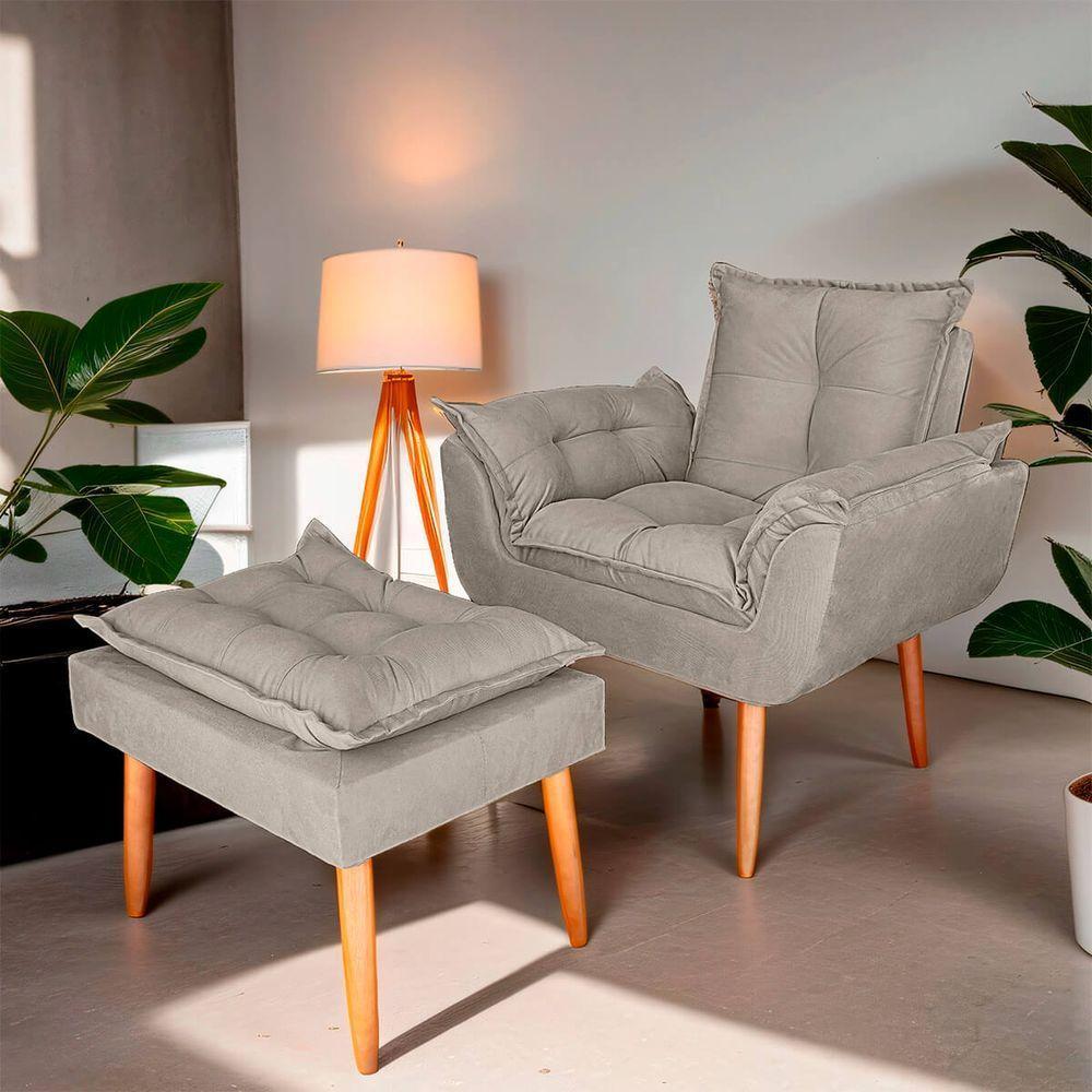 Poltrona Opala Para Sala Com Puff Reforçada Suede Cor Bege - 6