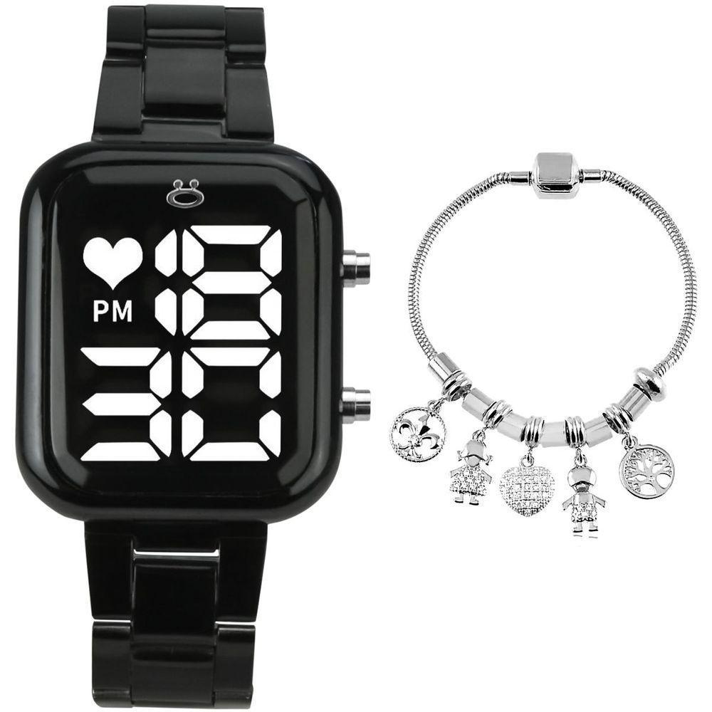Relogio Feminino Digital Preto + Pulseira Pandora Casual Social Edição Limitada Qualidade Premium - 2