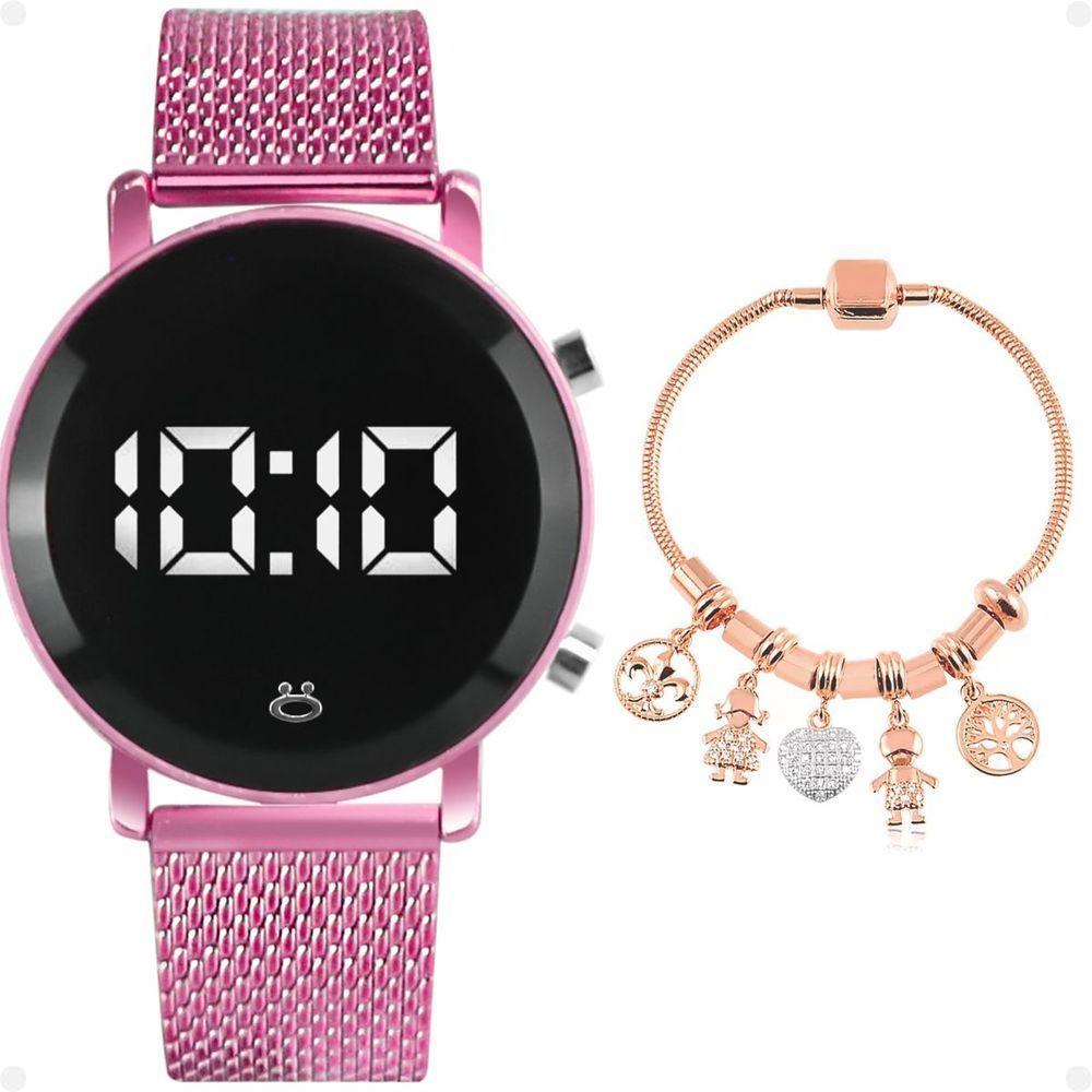 Relogio Feminino Aço Silicone Digital Rosa Led + Pulseira - 1
