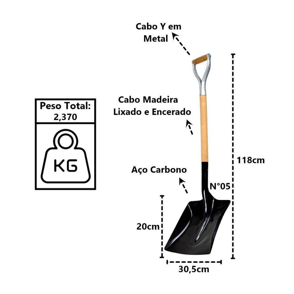 Pá Quadrada Construção Em Aço Carbono Cabo Metal N05 118cm - 2