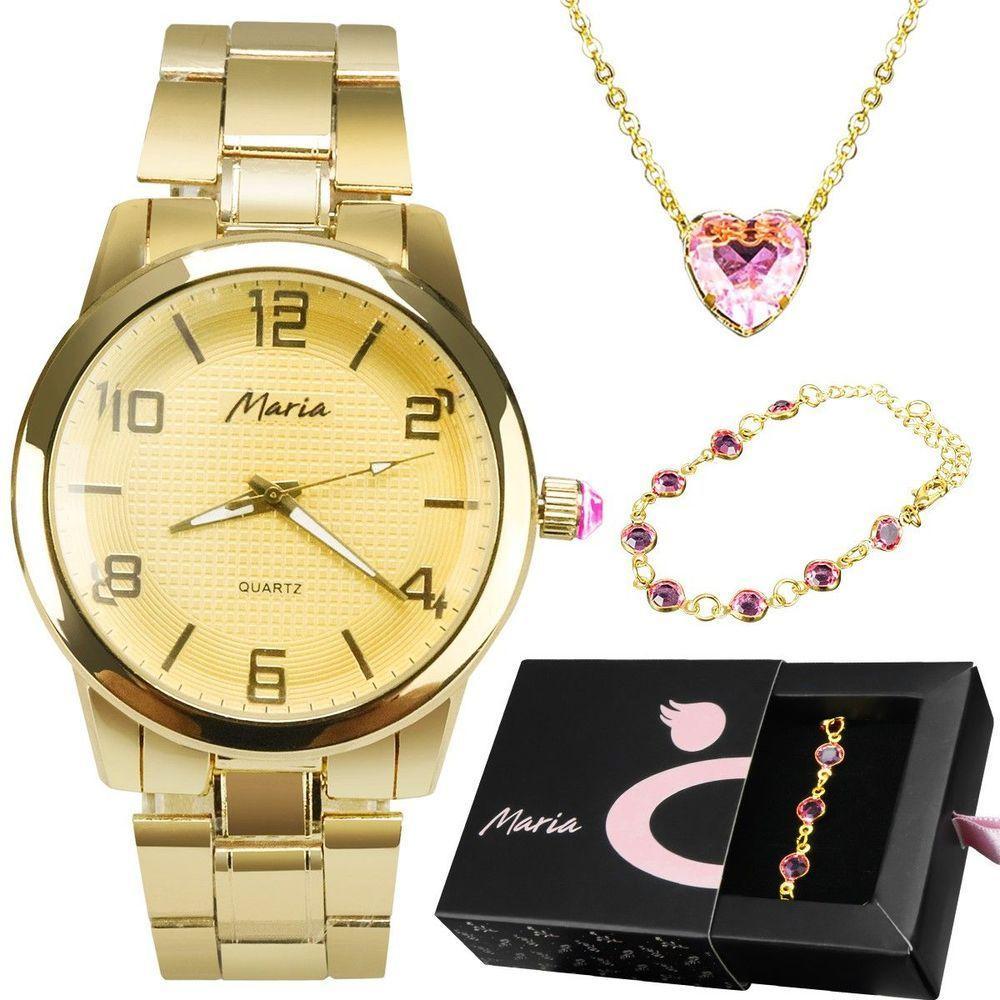Pulseira + Colar Coração + Relogio Feminino Dourado Strass Aço Inoxidavel Casual Social - 1