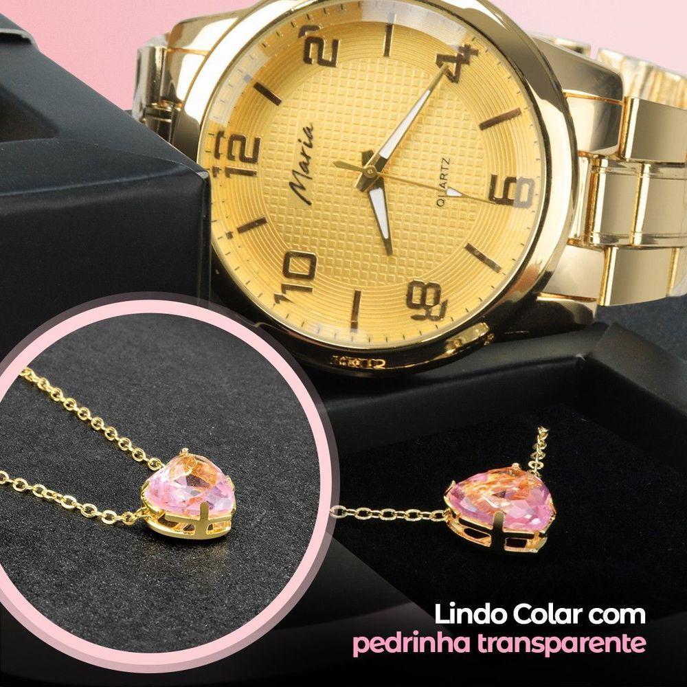 Pulseira + Colar Coração + Relogio Feminino Dourado Strass Aço Inoxidavel Casual Social - 4