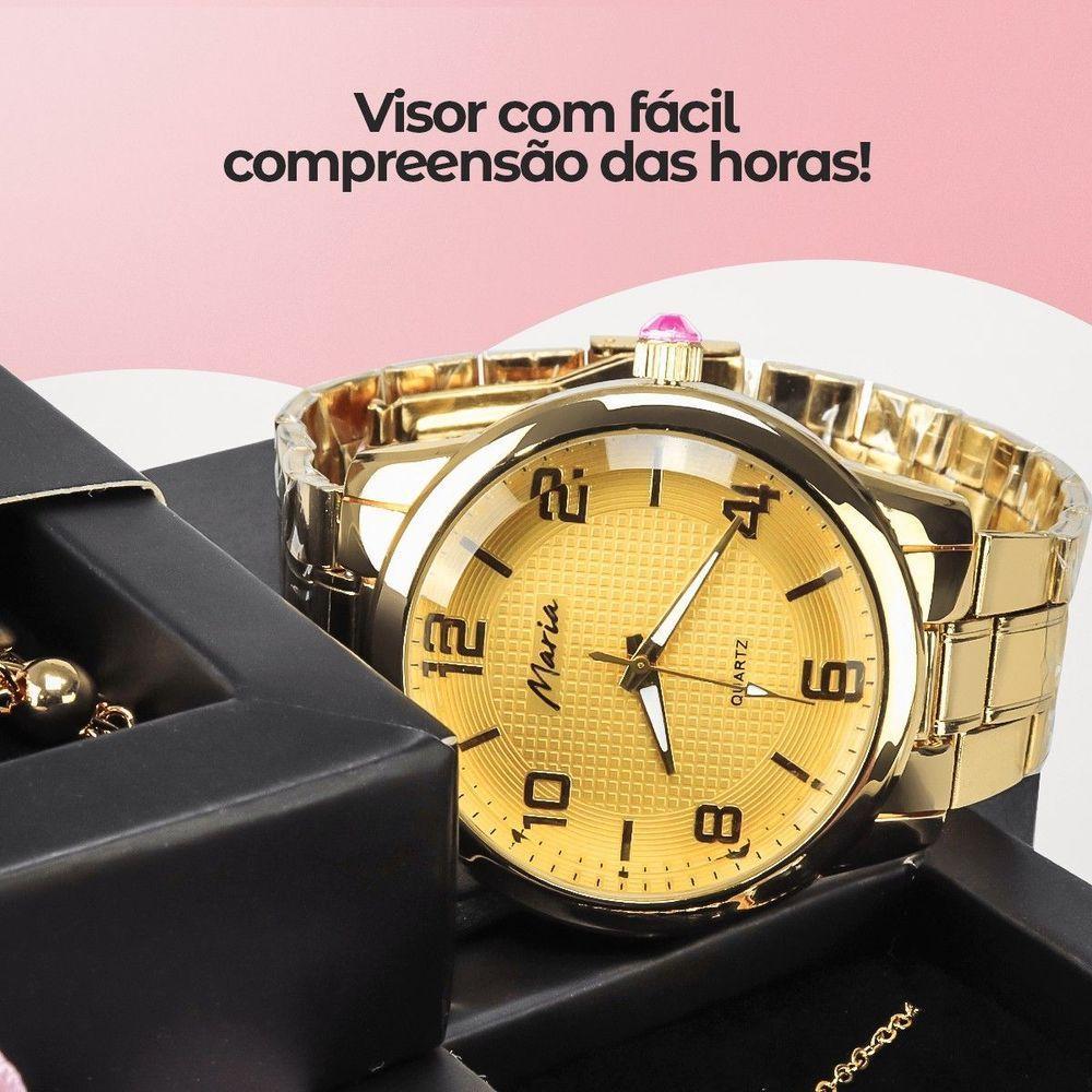 Pulseira + Colar Coração + Relogio Feminino Dourado Strass Aço Inoxidavel Casual Social - 5