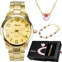 Pulseira + Colar Coração + Relogio Feminino Dourado Strass Aço Inoxidavel Casual Social - 1