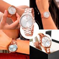 Relogio Feminino Aço Inox + Brincos + Colar Strass + Caixa