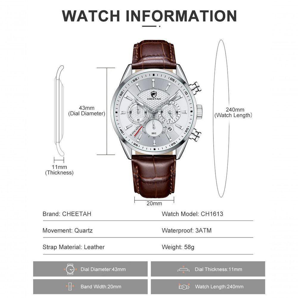 Relógio Quartzo Casual Masculino Impermeável, Data Cheetah Prata - 2