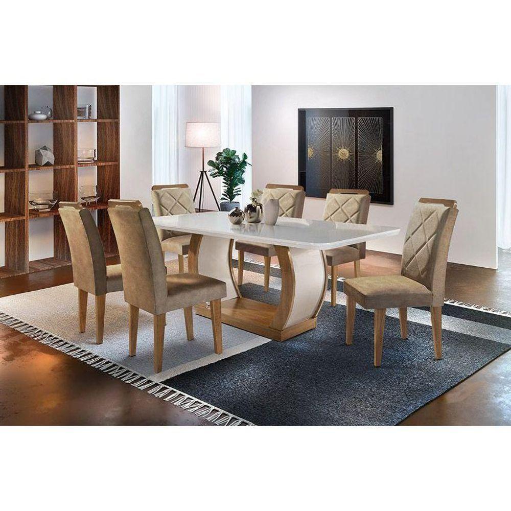 Sala De Jantar Completa Tampo Madeirado C/ Vidro Canto Curvo 6 Cadeiras Imbuia/Capuccino Chocolate - 1