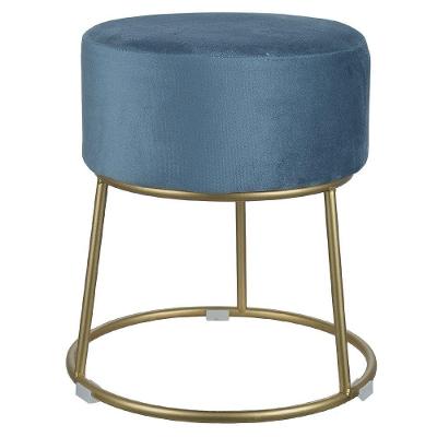 Puff Decorativo Veludo Azul Metal Dourado