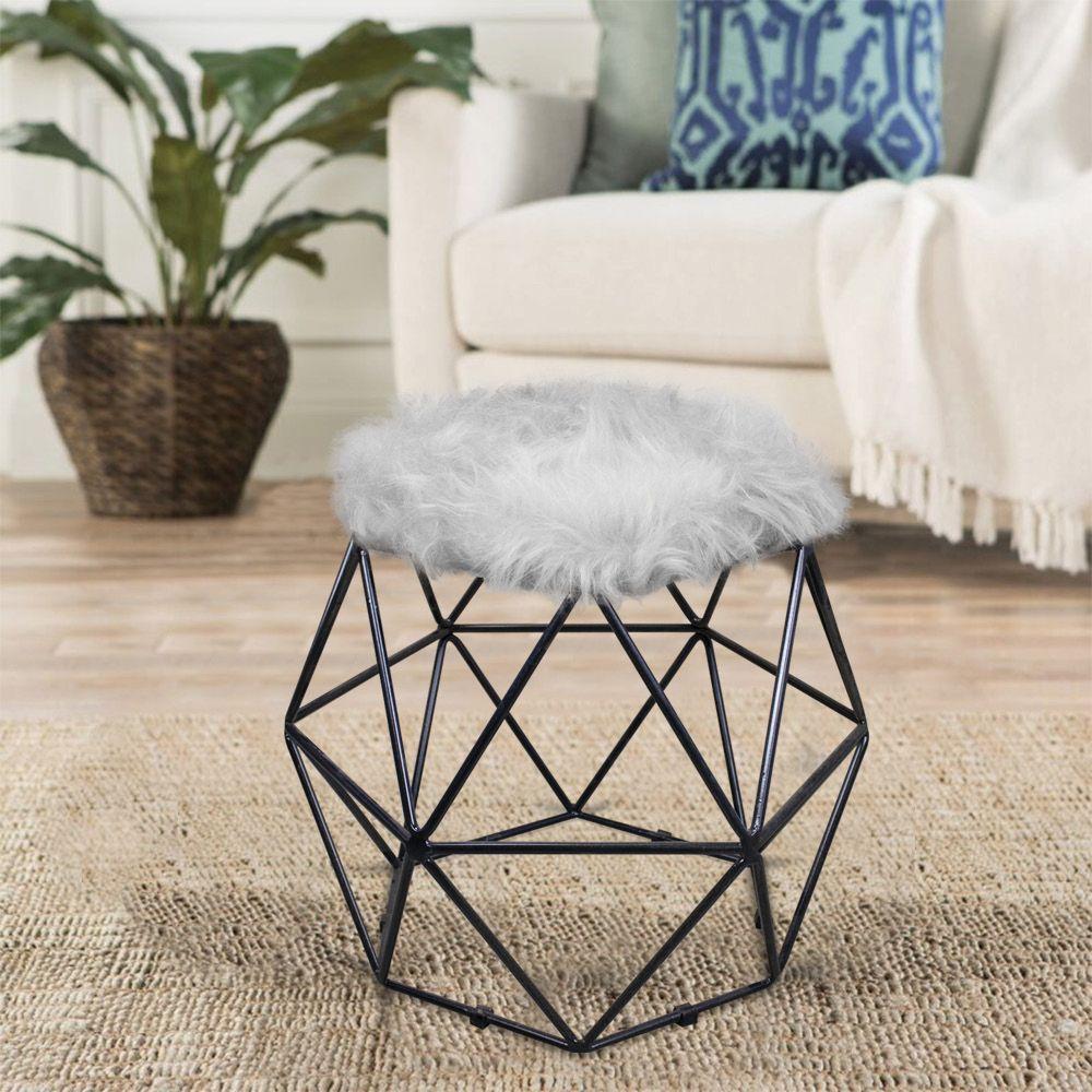 Puff Aramado Hexágono Pelucia Cinza Base Preto - 5