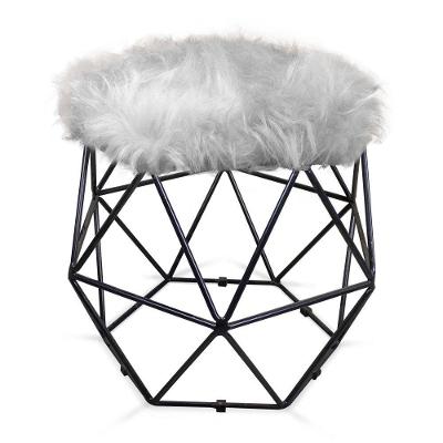 Puff Aramado Hexágono Pelucia Cinza Base Preto