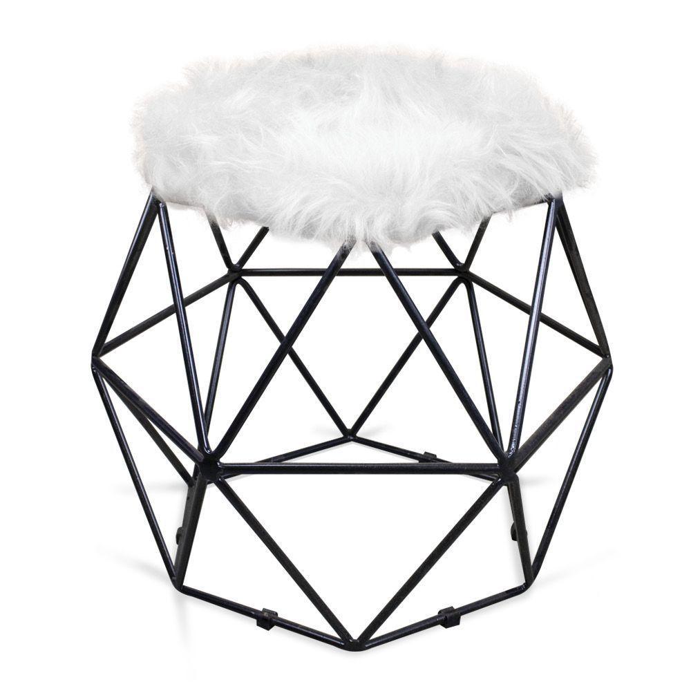 Puff Aramado Hexágono Pelucia Branco Base Preto - 1