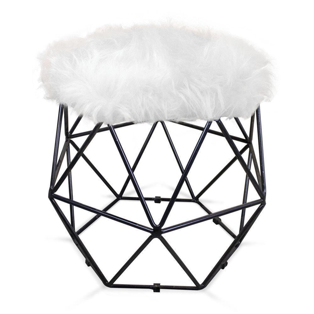 Puff Aramado Hexágono Pelucia Branco Base Preto - 4