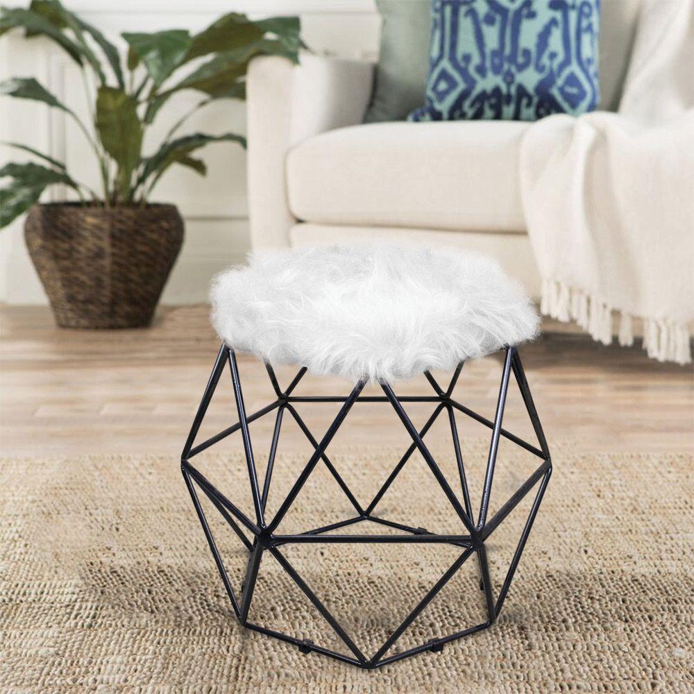 Puff Aramado Hexágono Pelucia Branco Base Preto - 5