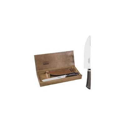 Faca Carne 8" Campeira Aço Inox Forjado Cabo Castanho Polywood Bainha De Couro E Estojo De Madeira