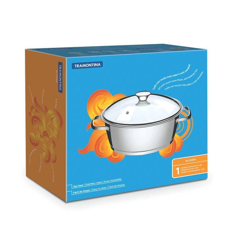 Caçarola Rasa Allegra Em Aço Inox Com Fundo Triplo E Tampa De Vidro 22 Cm 3,3 L - 10