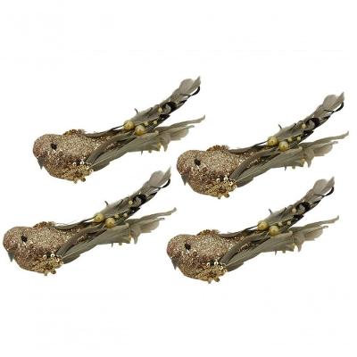 Kit Passarinho Natal Penas Pérolas Dourado 16Cm 4un