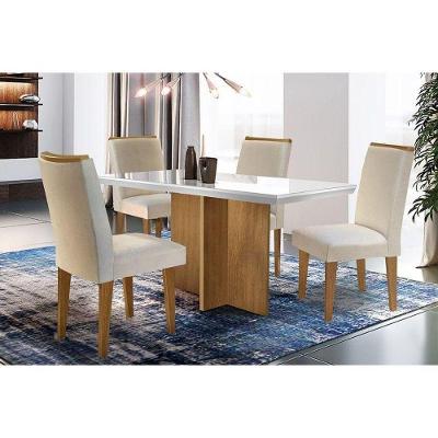 Kit Mesa Berlim C- Tampo Vidro Canto Reto 120cm Canto Reto + 4 Cadeiras Imbuia Creme