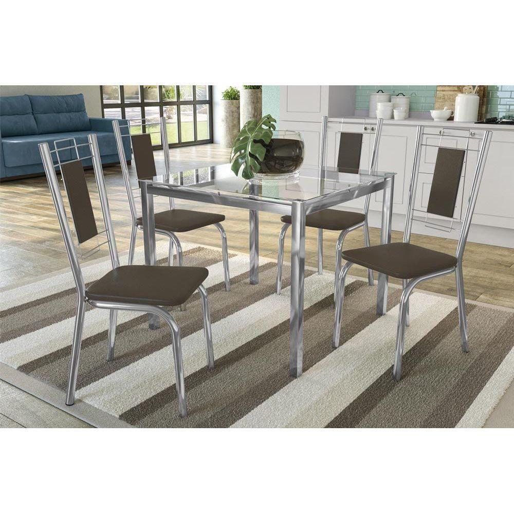 Conjunto: Mesa de Cozinha Reno c/ Tampo de Vidro 90cm + 4 Cadeiras Florença Cromado/Marrom - Kappesberg - 1