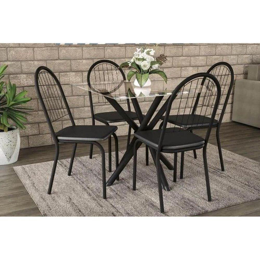 Conjunto: Mesa Sala Jantar Volga c/ Tampo Vidro 95cm + 4 Cadeiras Noruega Preto Fosco/Courano Preto - Kappesberg - 1
