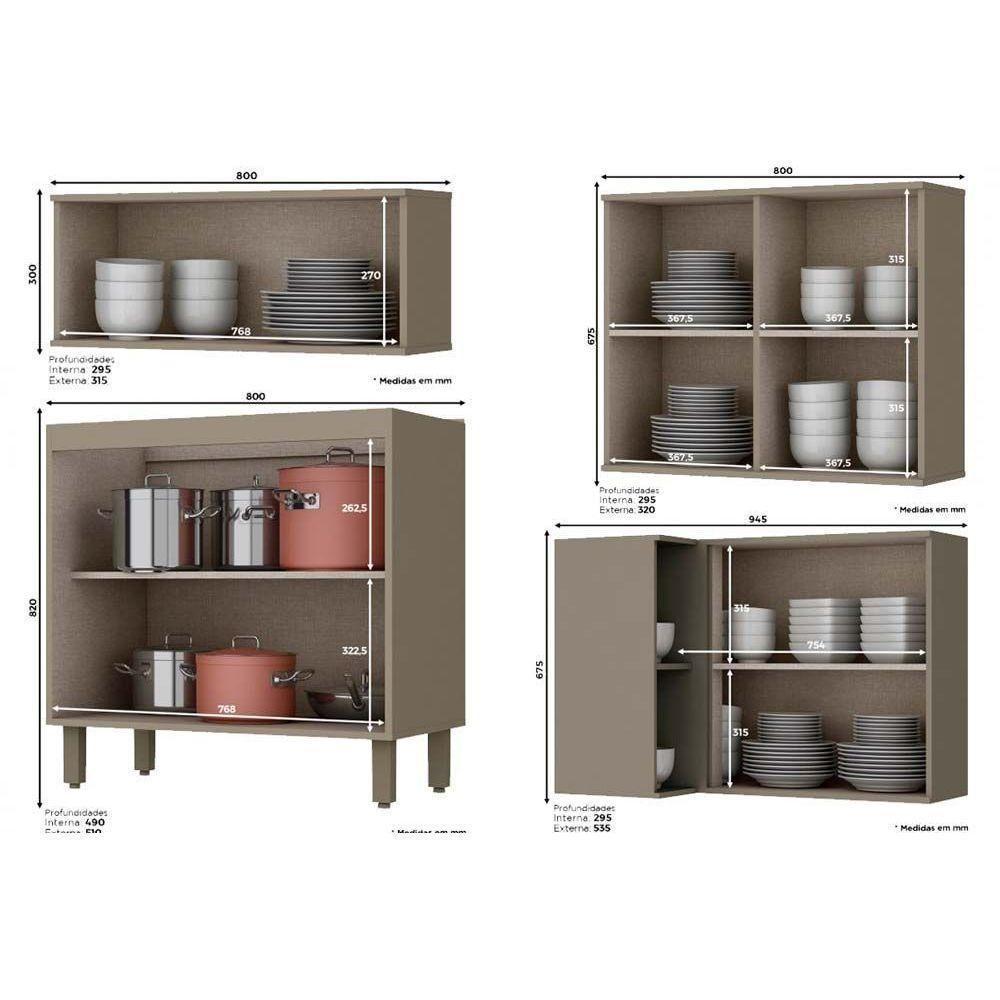 Kit De Cozinha Modulada 12pçs 1 5 Armários 3 Balcões 1 Paneleiro 3 Complementos C12P02 Duna/Cristal - 10