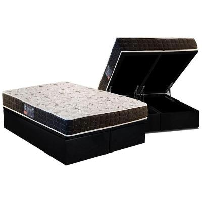Cama Box Baú King: Colchão Anatômico Anjos D28 / Ag65 Pantanal + Base Crc Suede Black(193x203)