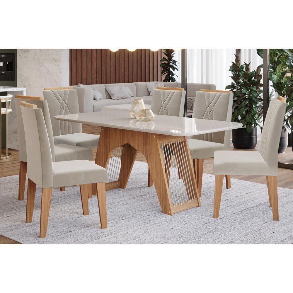 Sala de Jantar Completa Carol C/ Tampo Vidro 180cm + 6 Cadeiras Nature Off White Madeira Nude - 1