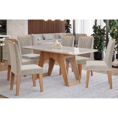 Sala de Jantar Completa Carol C/ Tampo Vidro 180cm + 6 Cadeiras Nature Off White Madeira Nude