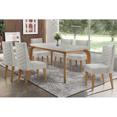 Kit Mesa Londrina Tampo Vidro 180cm + 6 Cadeiras Dafne Imbuia Bege Turim