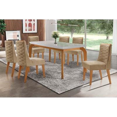 Kit Mesa Londrina Tampo Vidro 180cm + 6 Cadeiras Dafne Imbuia Linho Turim