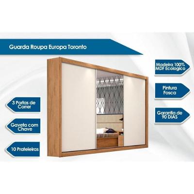 Guarda Roupa Casal Toronto 3 Portas de Correr 6 Gavetas Branco MDF Móveis Europa