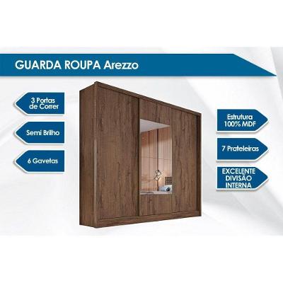 Guarda Roupa Casal Arezzo Plus 3 Portas de Correr 6 Gavetas Freijó Cumaru c- Fendi