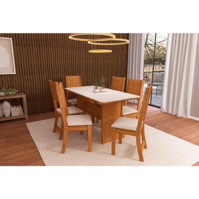 Conjunto de Mesa Evora para Jantar 6 Lugares Tampo em MDF com Cadeiras em Linho Off White