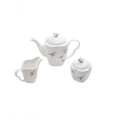 Combo Açucareiro + Leiteira + Bule Porcelana Para Café Borboletas