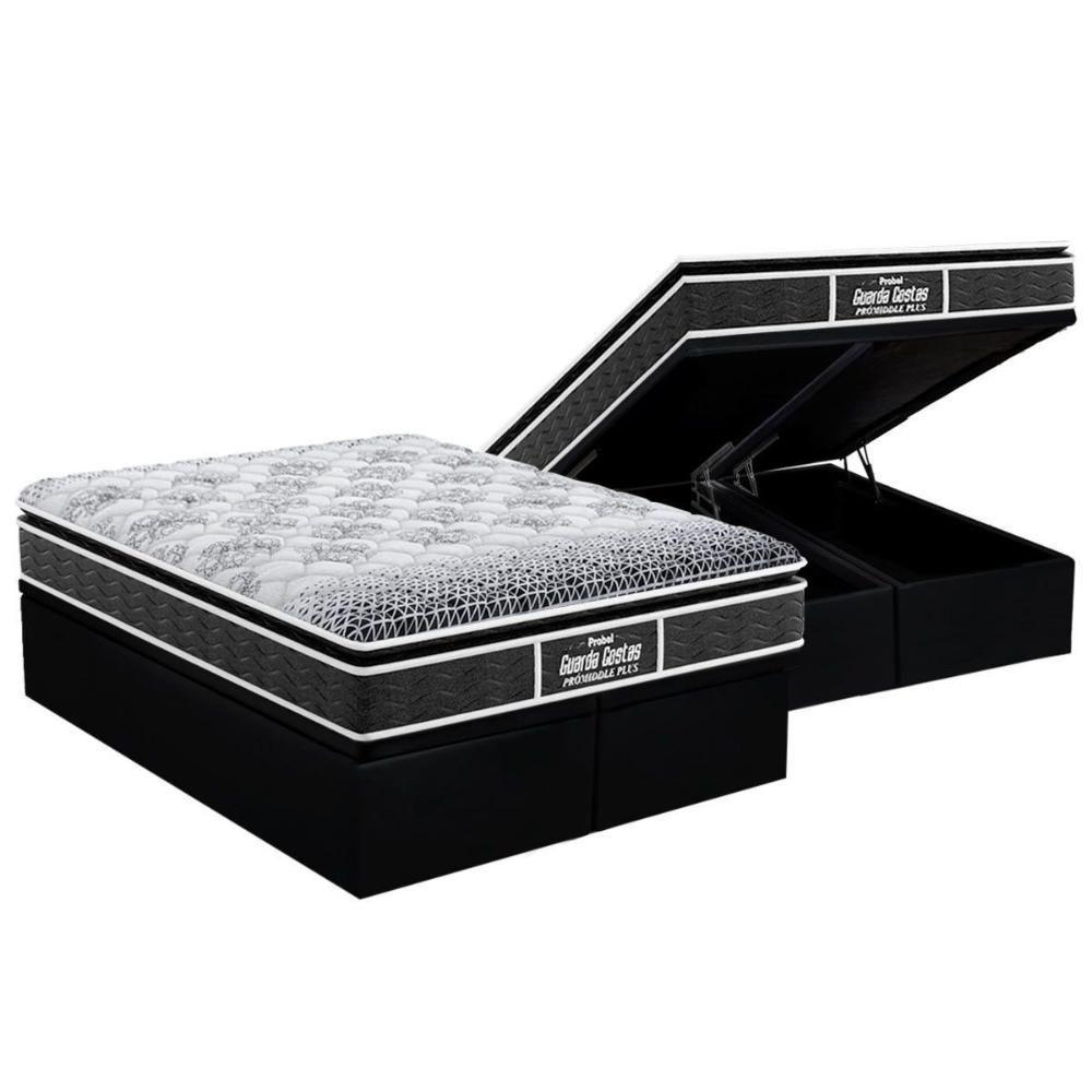 Cama Box Baú Queen: Colchão Anatômico Probel D28 / EP Guarda Costas PróMiddle Plus Pillow Top + Base CRC Suede Black(158x198) - 1