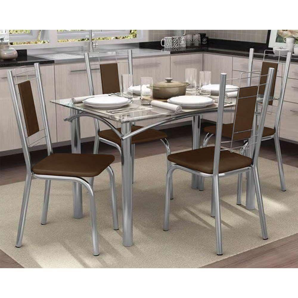 Conjunto: Mesa Sala Jantar Elba c/ Tampo Vidro 120cm + 4 Cadeiras Florença Cromado/Courano Marrom - Kappesberg - 1