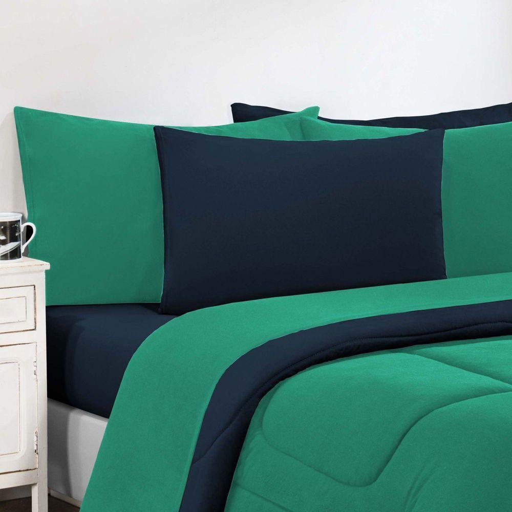 Kit Edredom + Jogo De Lençol Malha 100% Algodão Gran Moratta 6 Peças Queen - Verde Jade-azul Marinho. - 2